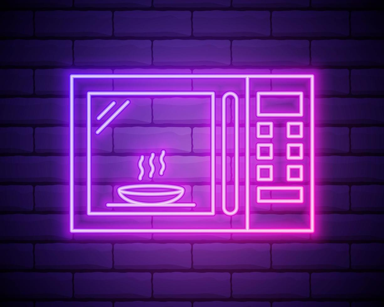 Glowing neon Microwave oven icon isolated on brick wall background. Home appliances icon. Vector Illustration.