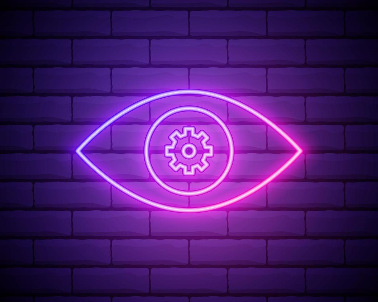 Eye and gear neon icon. Simple thin line, outline vector of startup icons for ui and ux, website or mobile application isolated on brick wall