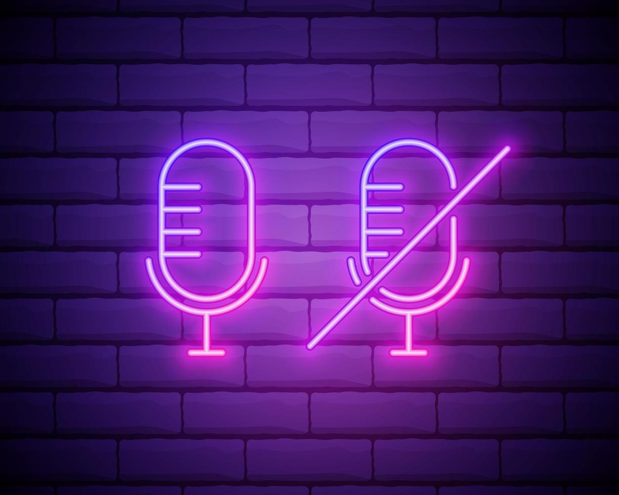 Podcast neon sign, bright signboard, light banner. Podcast logo neon, emblem and label. Vector illustration isolated on brick wall