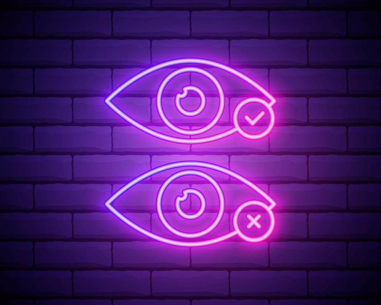 eye with tick and cross neon icon. Elements of media, press set. Simple icon for websites, web design, mobile app, info graphics isolated on brick wall vector