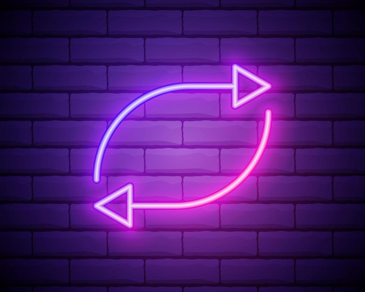 Glowing neon Refresh icon isolated on brick wall background. Reload symbol. Rotation arrows in a circle sign. Vector Illustration.