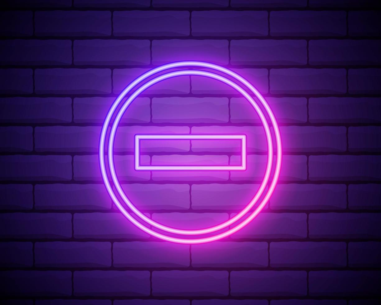 Neon lights stop. Bright is the stop button. Modern vector logo, banner, shield, stop sign pattern. Night advertising on the background of a brick wall.