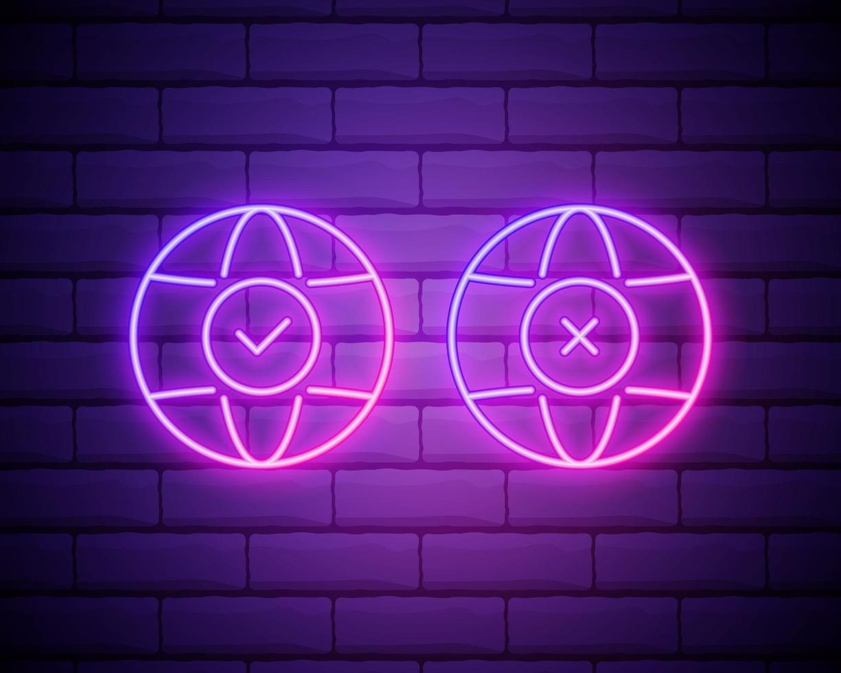 Planet Earth neon sign. Bright glowing symbol isolated on brick wall background. Neon style icon . Planet with tick and cross icons. Vote. Election. vector
