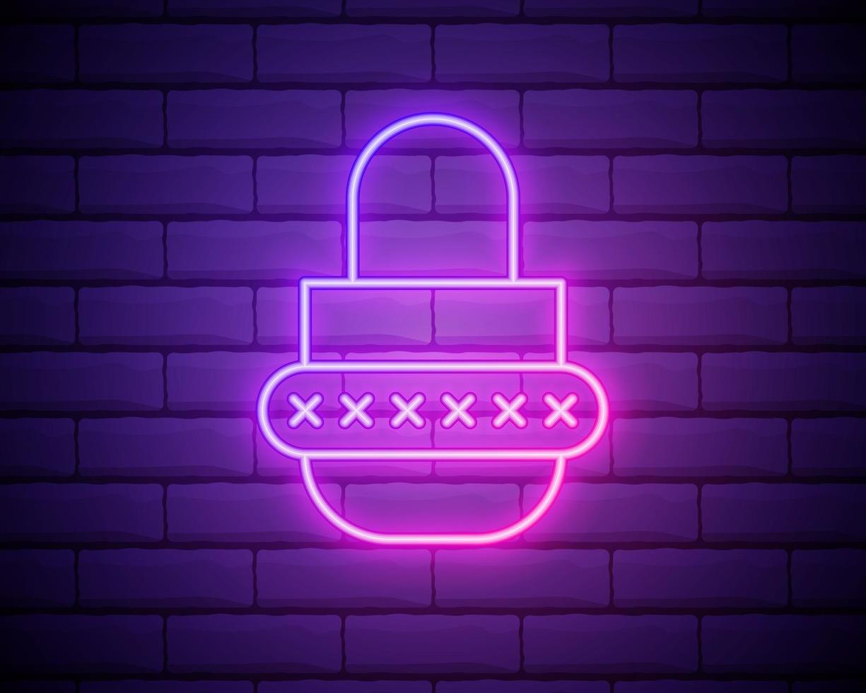 Glowing neon line Password protection and safety access icon isolated on brick wall background. Lock icon. Security, safety, protection, privacy concept. Colorful outline concept. Vector