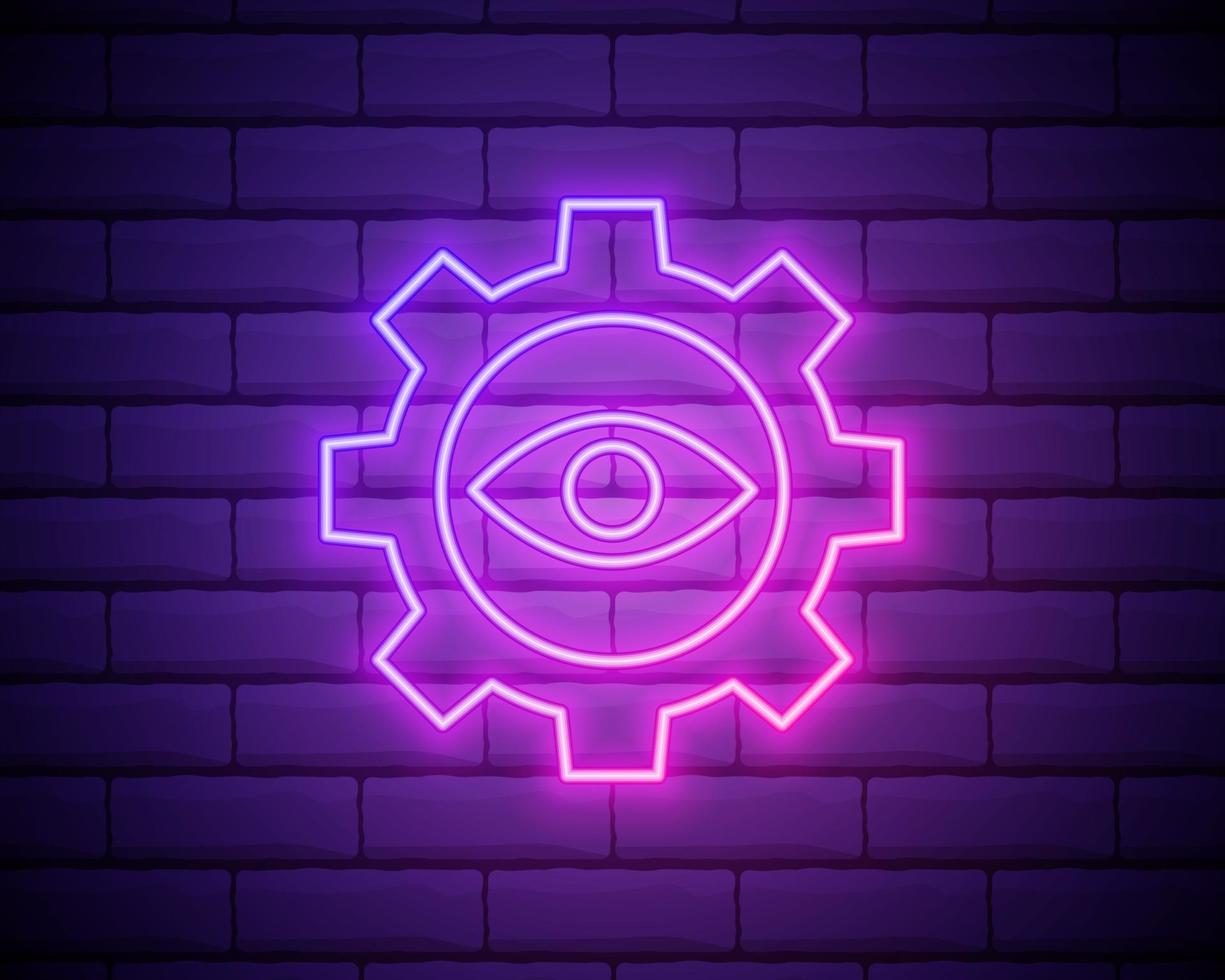 Eye and gear neon icon. Simple thin line, outline vector of startup icons for ui and ux, website or mobile application isolated on brick wall.