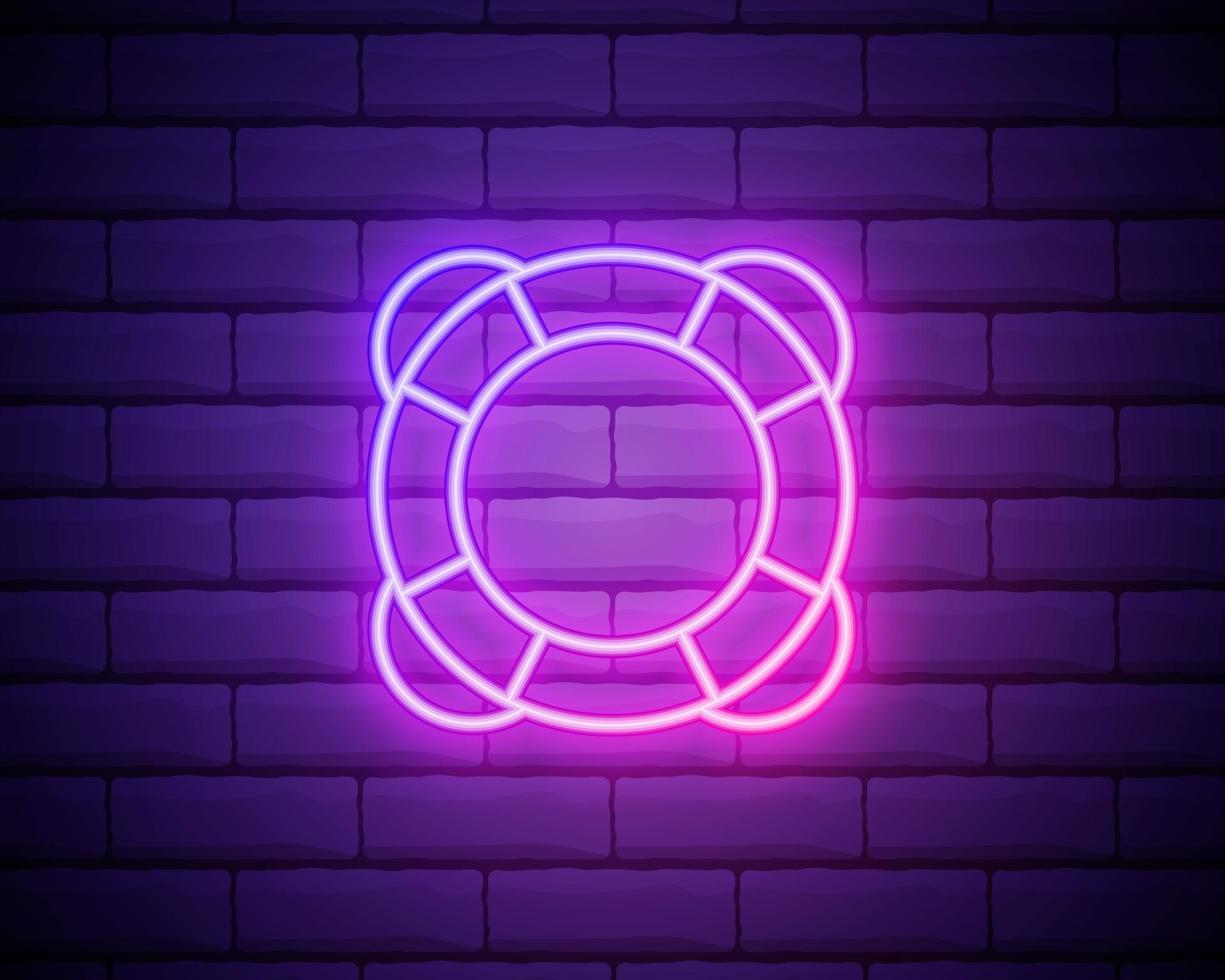 Lifebuoy neon icon. Elements of Camping set. Simple icon for websites, web design, mobile app, info graphics isolated on brick wall vector