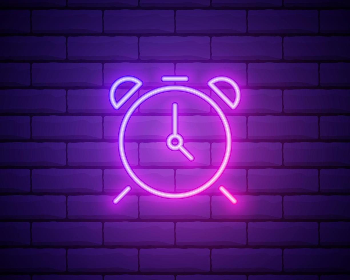 Glowing neon line Alarm clock icon isolated on brick wall background. Wake up, get up concept. Time sign. Vector Illustration