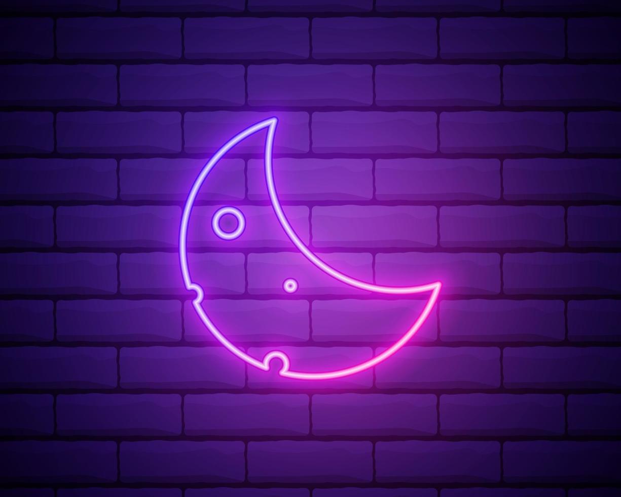 Simple moon. Weather symbol. Linear icon with thin outline. Neon style. Light decoration icon. Bright electric symbol isolated on brick wall. vector