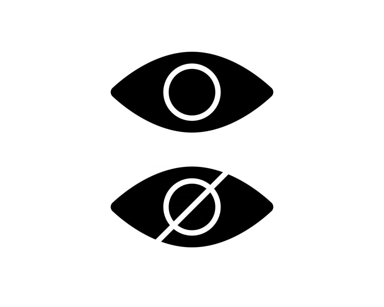 símbolos de ojos como mostrar, ocultar, visibles, invisibles, públicos, iconos privados. Icono de ojo negro aislado sobre blanco icono de visión con signo prohibido vector