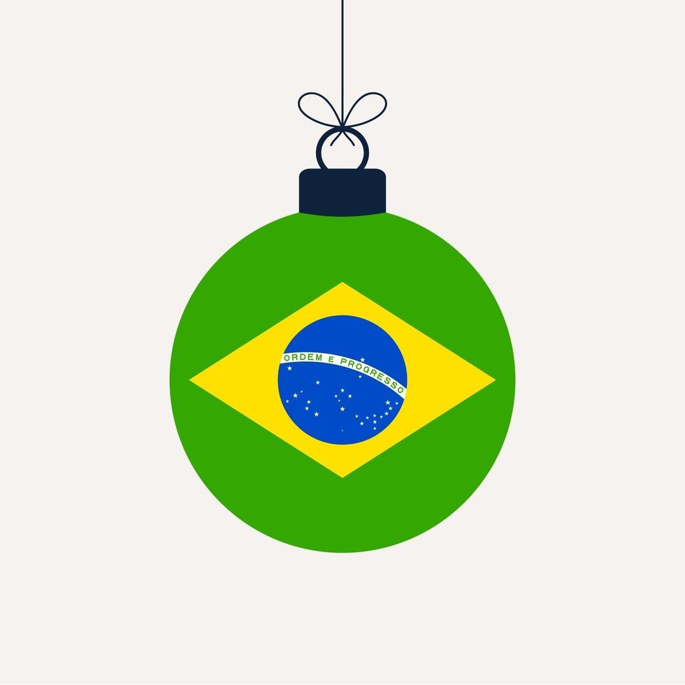 bola de navidad año nuevo con la bandera de brasil. Ilustración de vector de tarjeta de felicitación. Feliz Navidad bola con bandera aislado sobre fondo blanco.