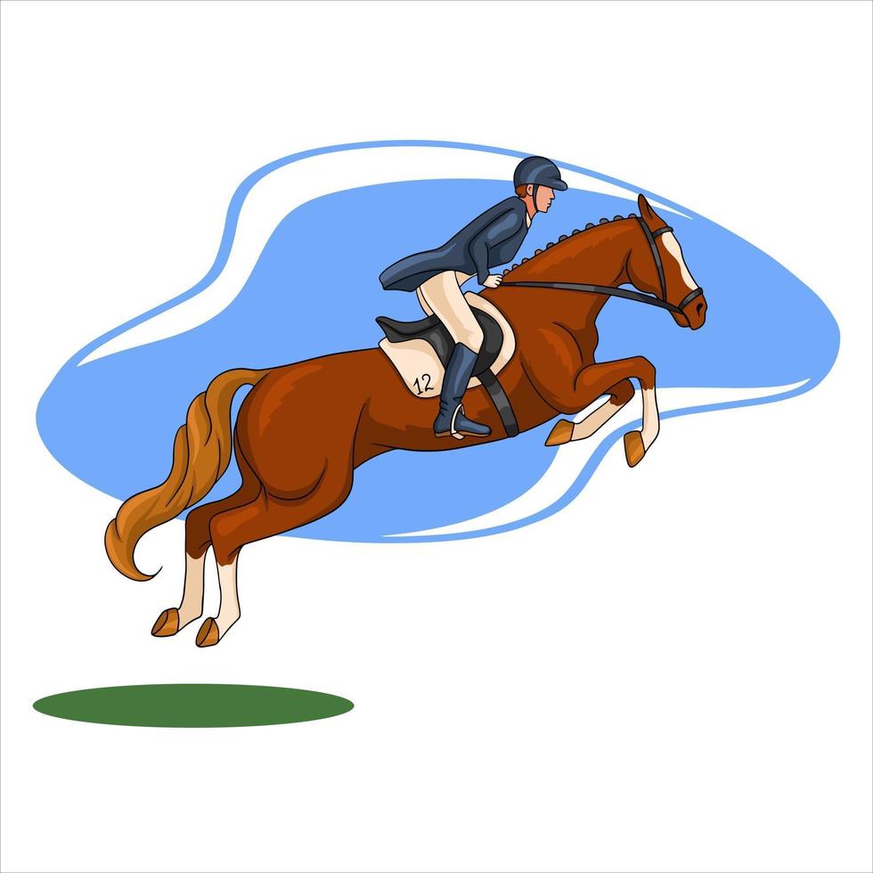 mujer de equitación montando a caballo saltando estilo de dibujos animados vector