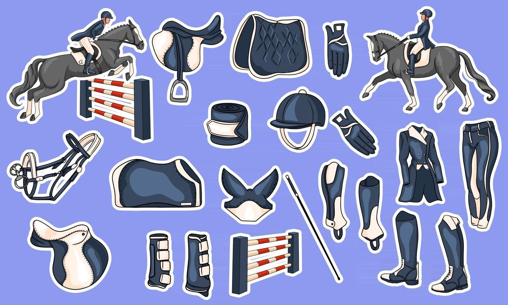 Big set of equipment for the rider and ammunition for the horse rider on horse illustration in cartoon style vector