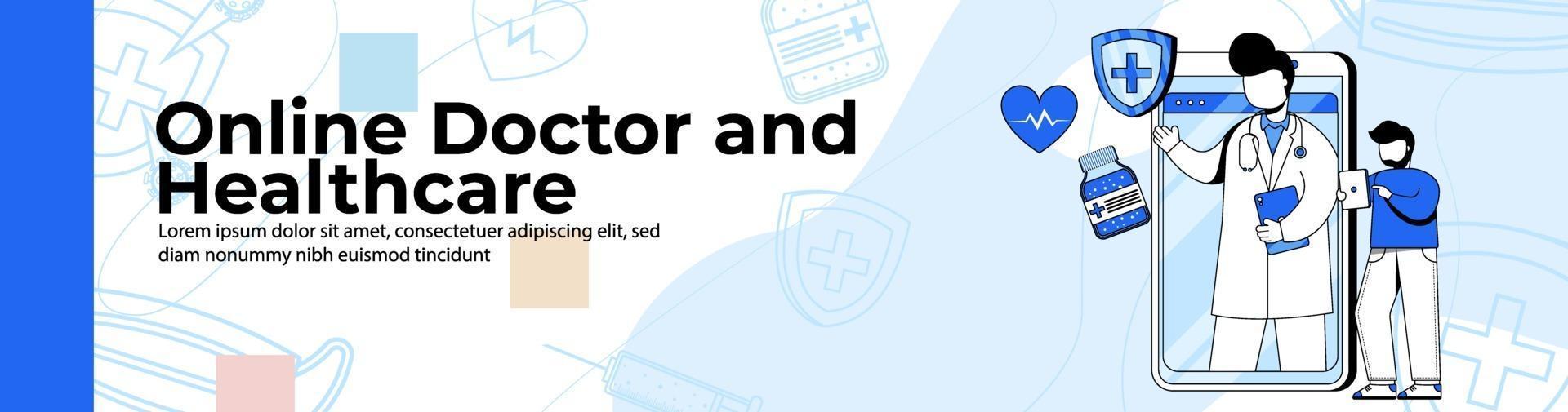 Online Doctor and Healthcare Web Banner Design.a man a consulting doctor on a health app. online doctor application header or footer banner. vector