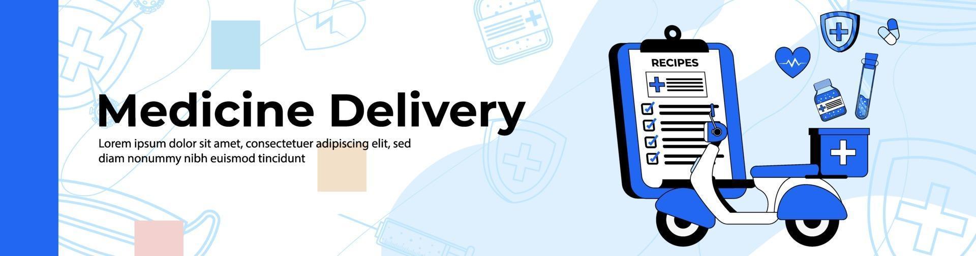 Medicine Delivery Web Banner Design. A medicine delivery with a motorcycle. Hospital Delivery service header or footer banner. vector