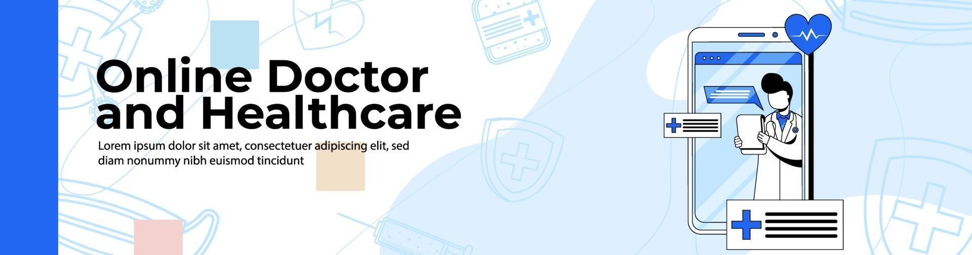 banner de encabezado o pie de página de diseño de banner web de médico y salud en línea. vector