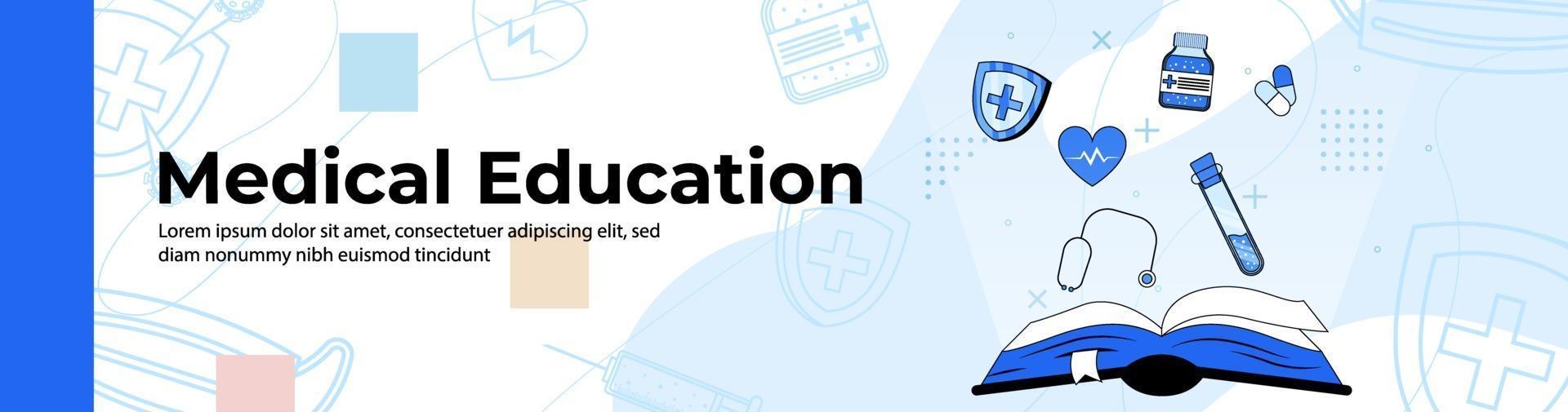 diseño de banner web de educación médica libro de contabilidad abierto con medicina, salud y herramientas médicas. banner de encabezado o pie de página. vector