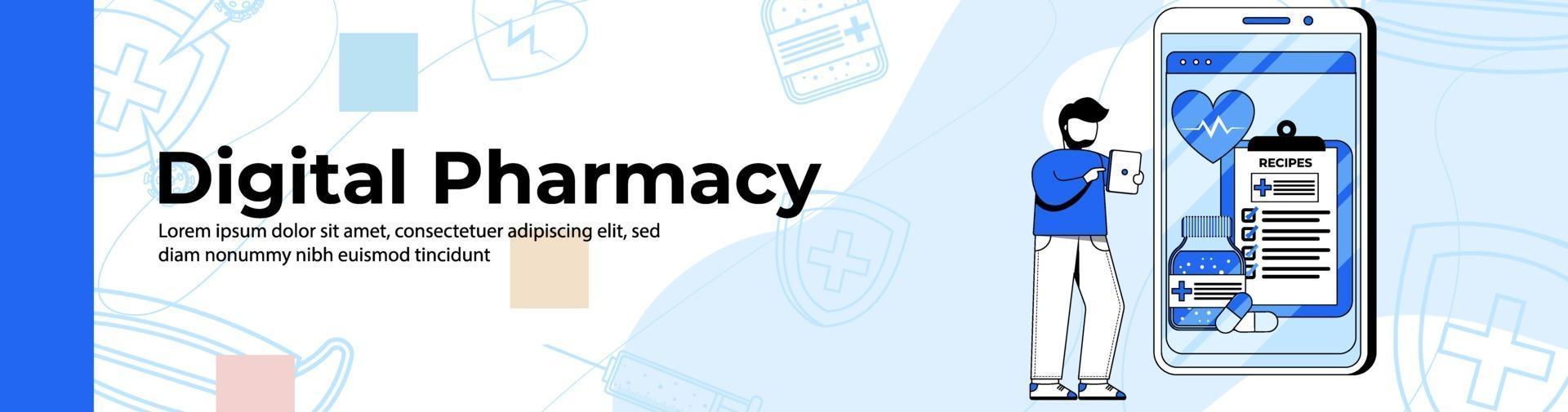 Diseño de banner web de tienda de farmacia digital. un hombre compra un medicamento a través de una farmacia en línea. banner de encabezado o pie de página de prescripción médica. vector