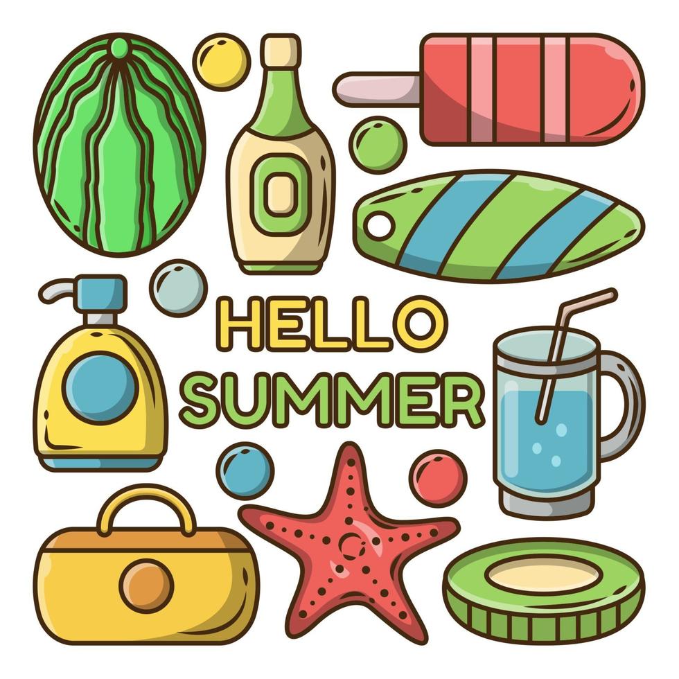 conjunto de paquete de doodle de dibujos animados de horario de verano dibujado a mano con pancarta de saludo vector