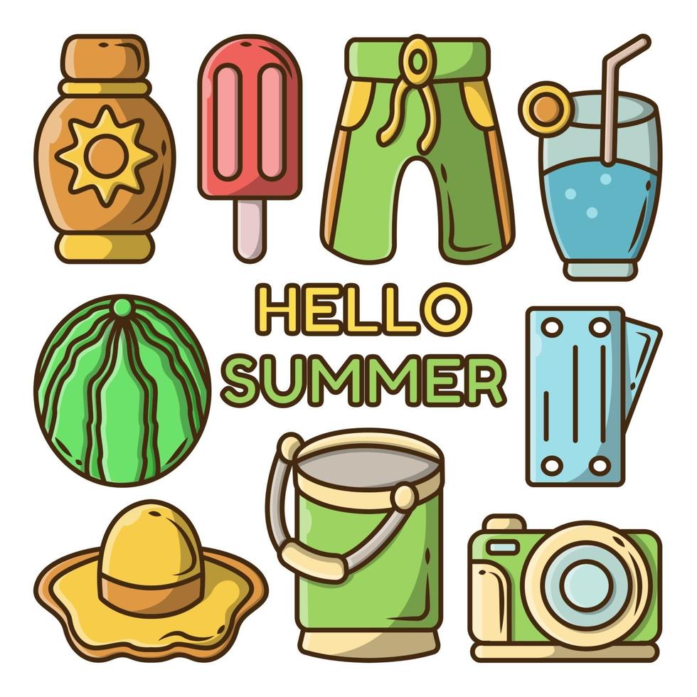 conjunto de herramientas de verano dibujadas a mano doodle de dibujos animados con banner de saludo vector
