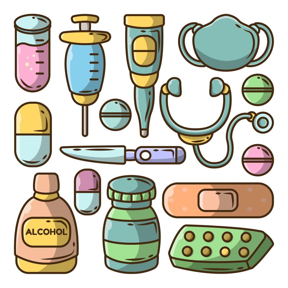 Hand drawn medical tools cartoon doodle big collection vector