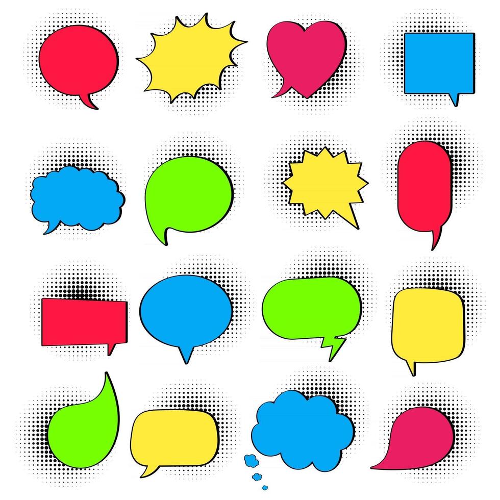 16 Speech bubbles on halftone flat style design another shapes hand drawn comic cartoon style set vector illustration isolated on white background. Round, cloud, square, heart, rectangle shapes etc.