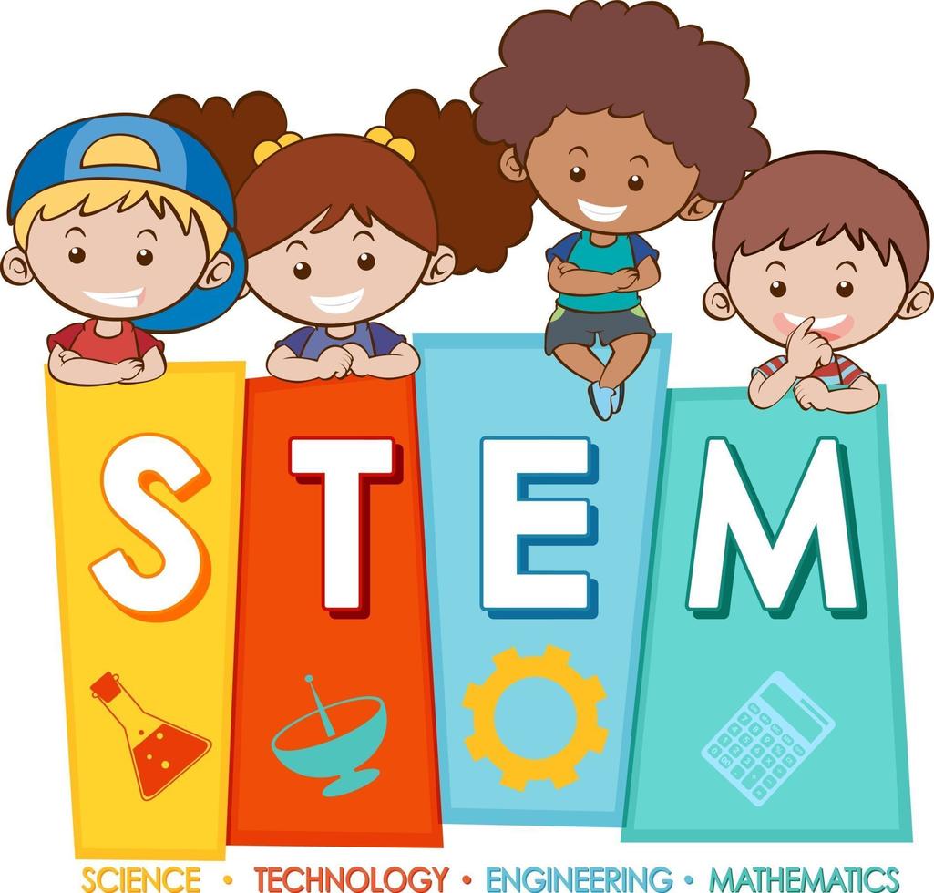 STEM education logo banner with kids cartoon character vector