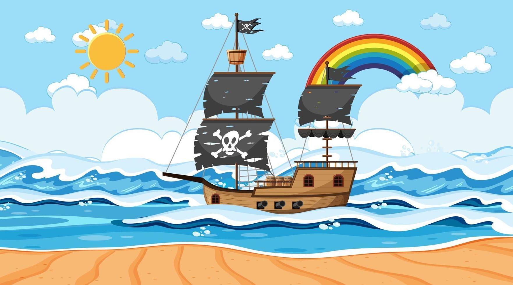 Ocean with Pirate ship at day time scene in cartoon style vector