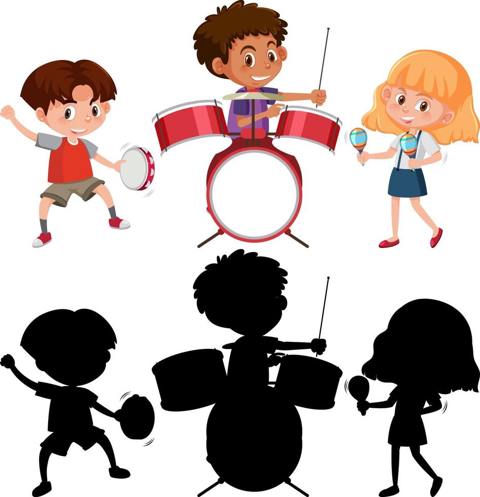 Conjunto de diferentes niños tocando instrumentos musicales con silueta vector
