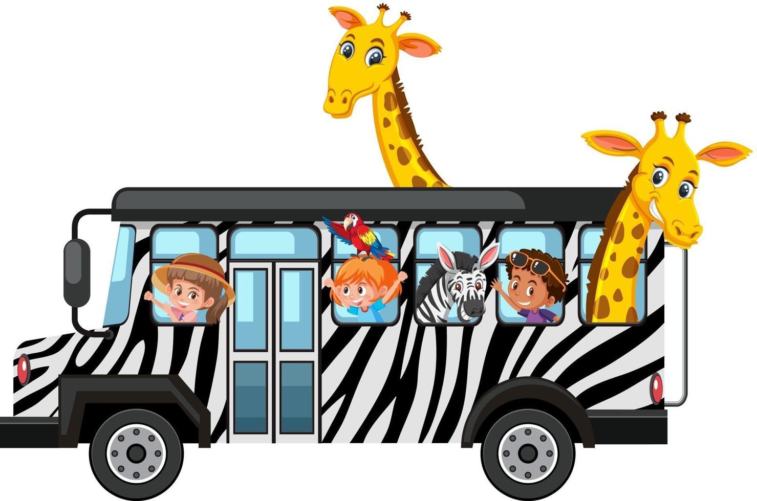 Wild animals and kids on the bus isolated on white background vector