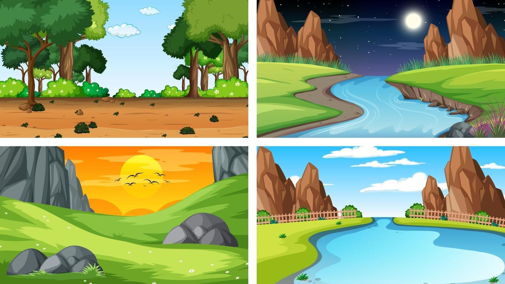 cuatro escenas diferentes de parque natural y bosque. vector