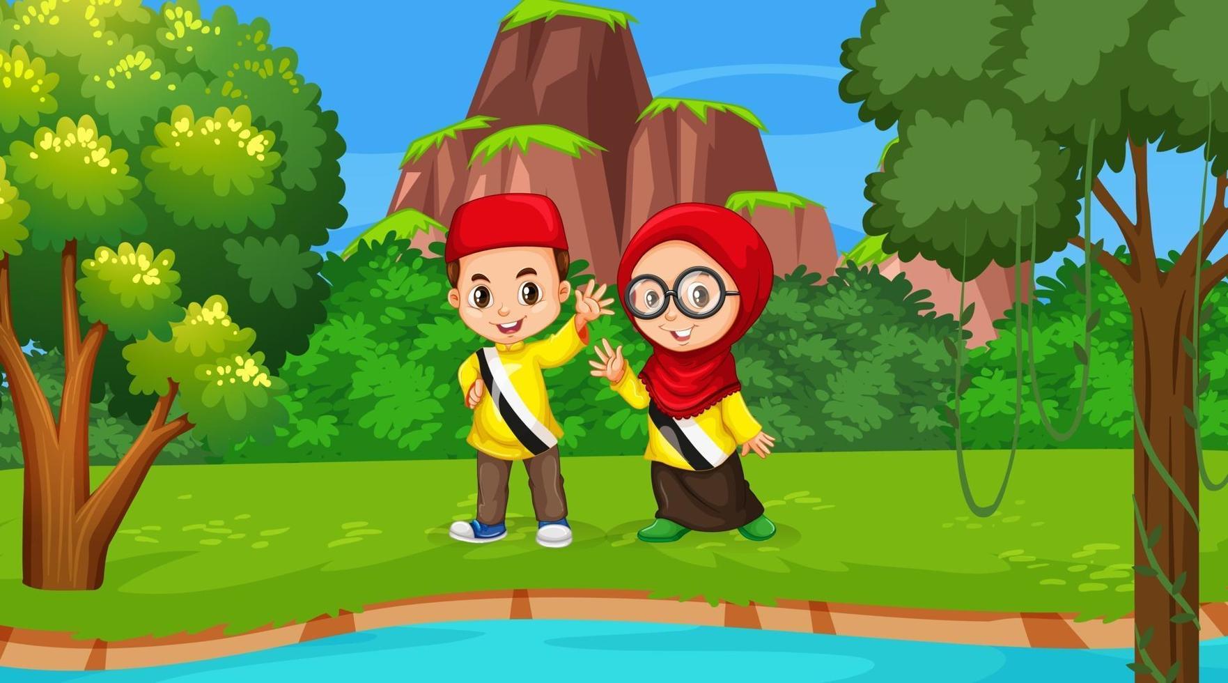 Brunei kids wears traditional clothes in the forest scene vector