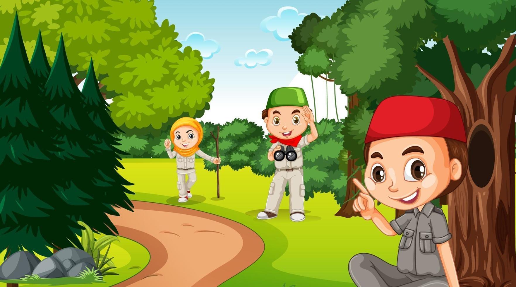 escena de la naturaleza con niños musulmanes explorando en el bosque vector