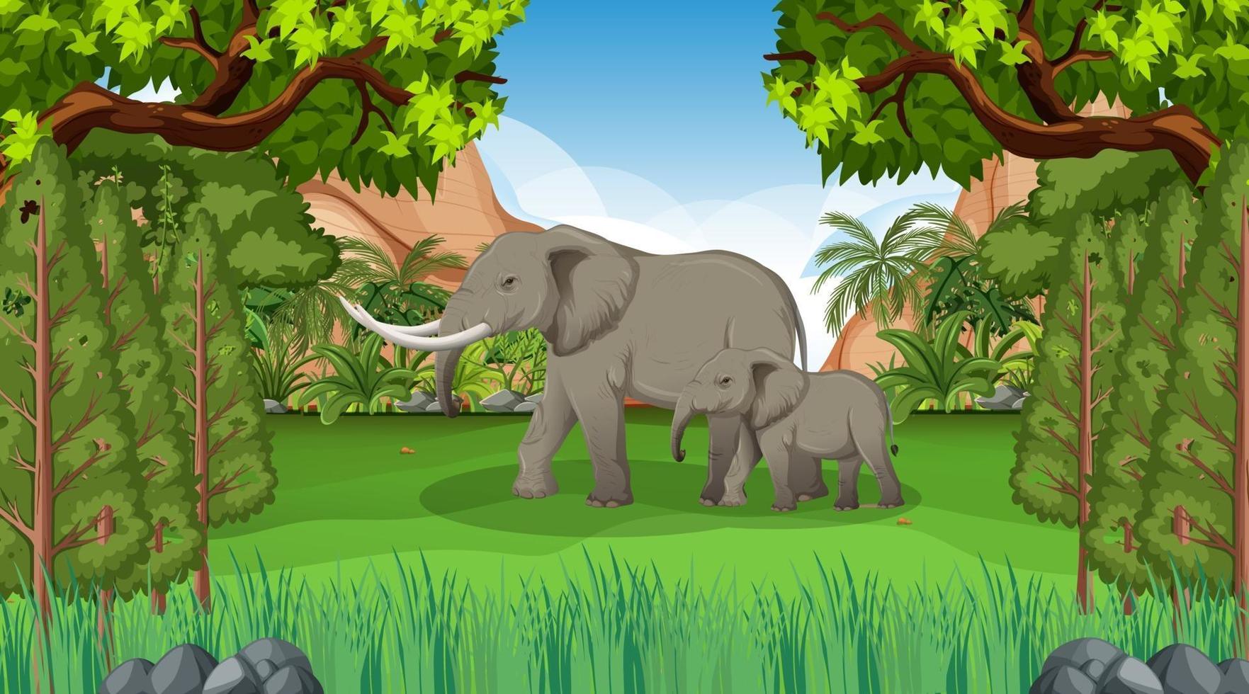 elefante, mamá, y, bebé, en, bosque, escena vector