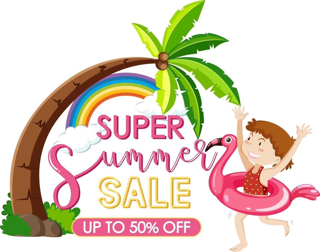 Super Summer Sale with a girl cartoon character banner template vector