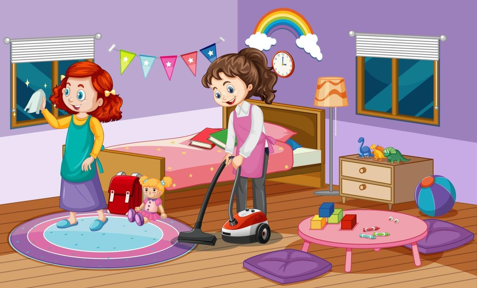 escena interior con dos chicas limpiando en el dormitorio. vector