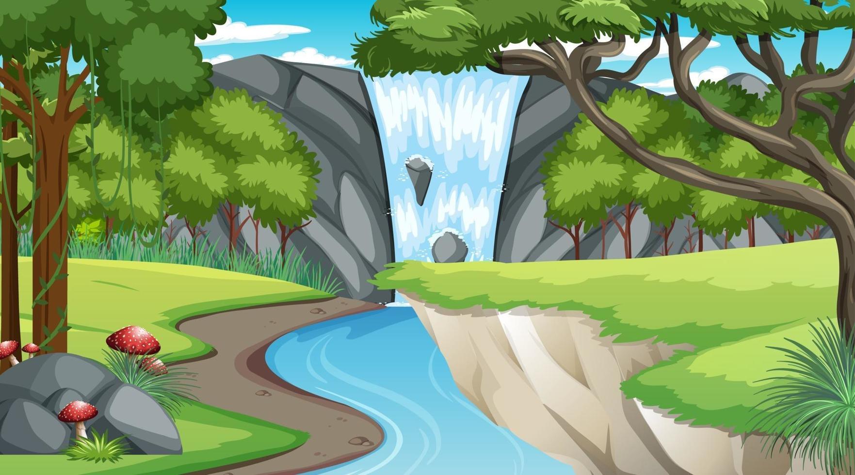 Escena de la naturaleza con cascada y arroyo que fluye a través del bosque. vector