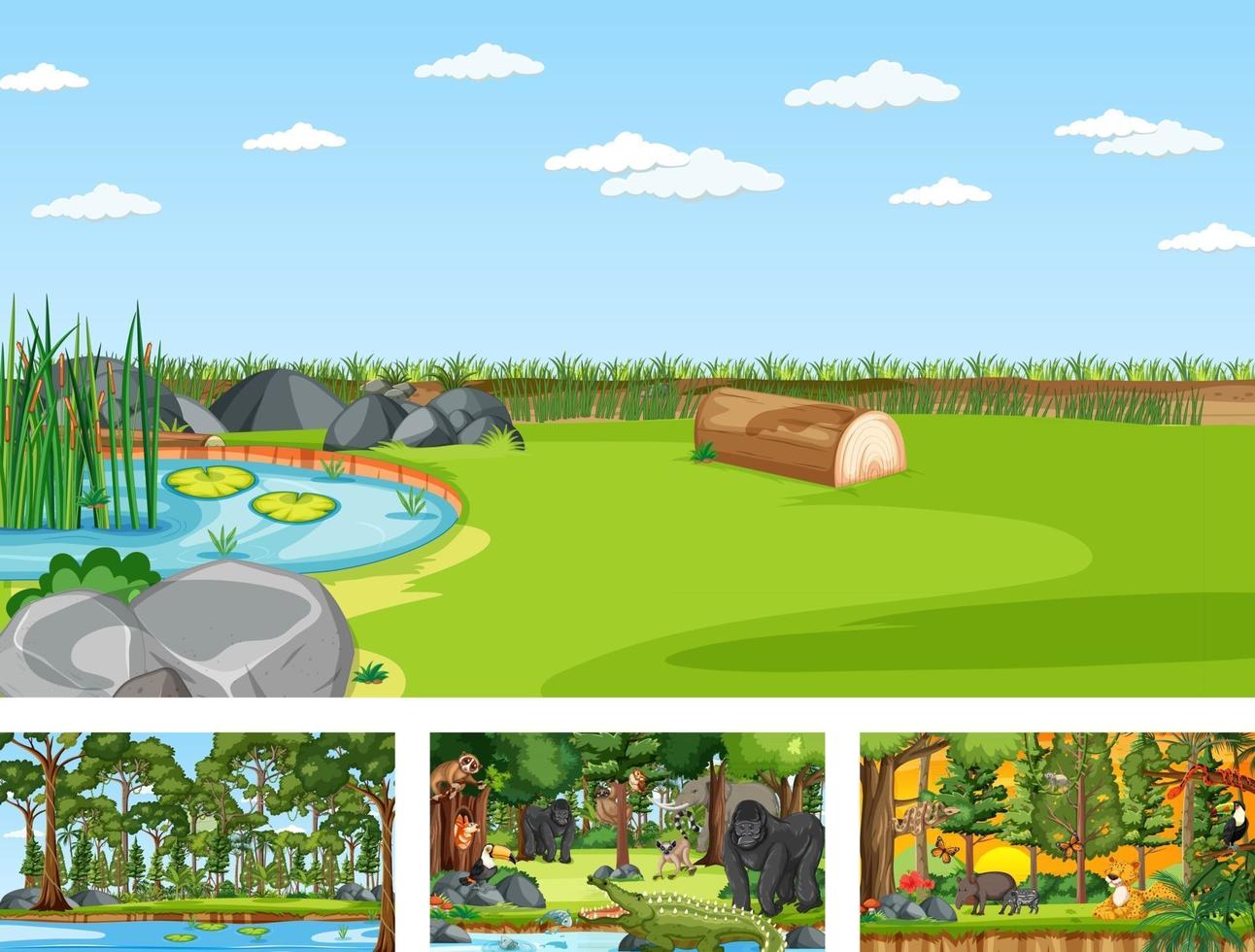 Set of different nature horizontal scene with various wild animals vector