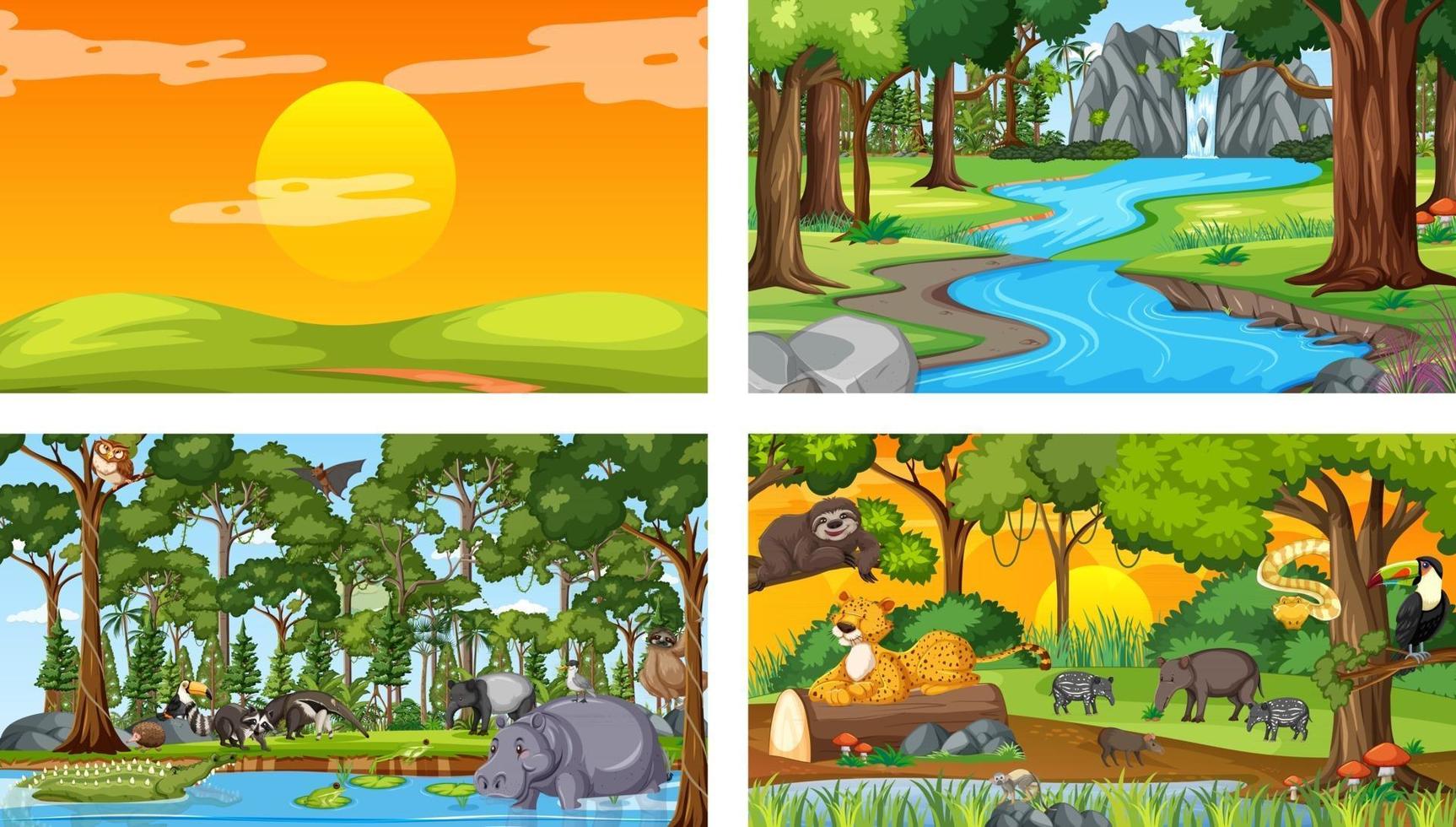 Set of different forest horizontal scene with various wild animals vector