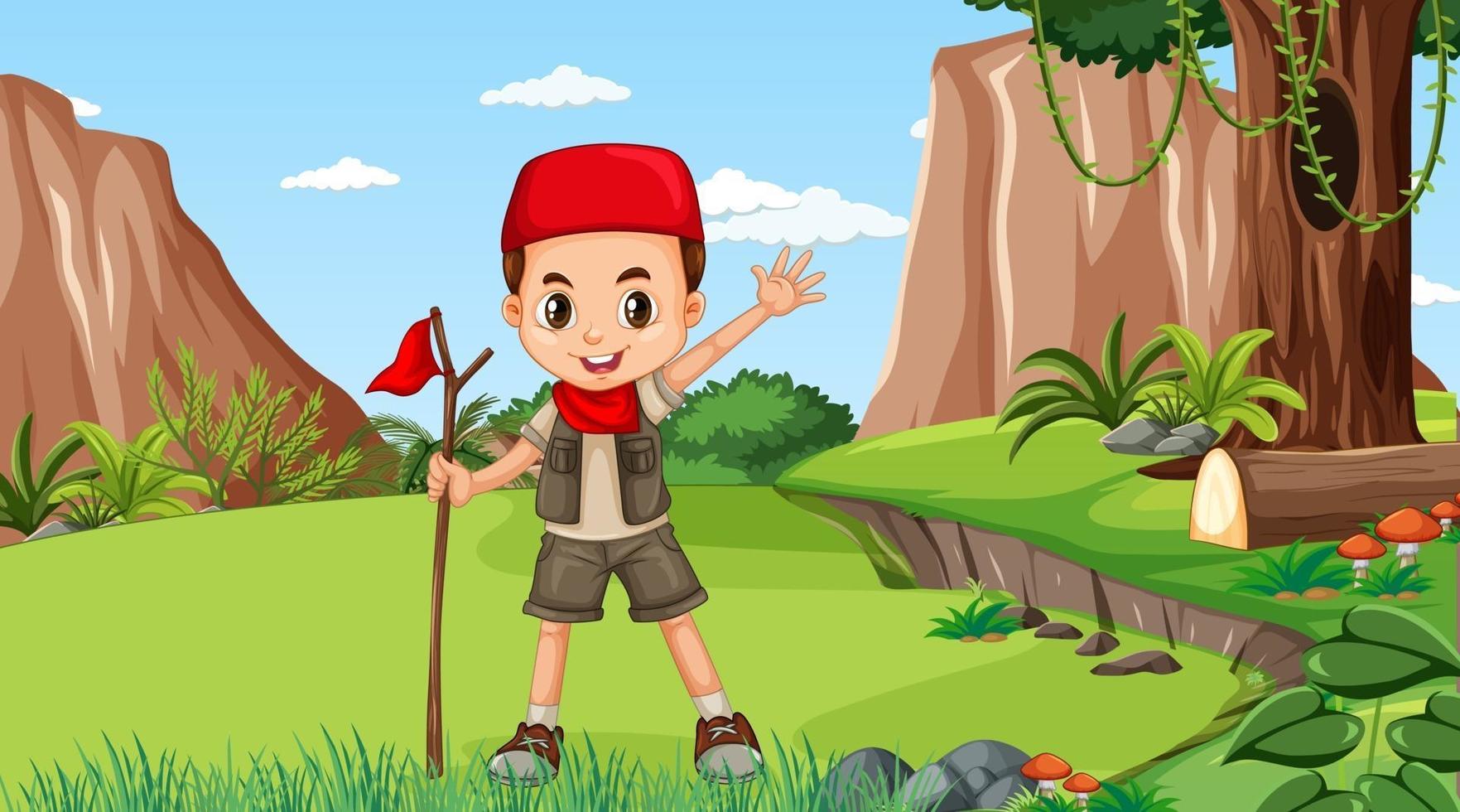 Nature scene with a muslim boy cartoon character exploring in the forest vector