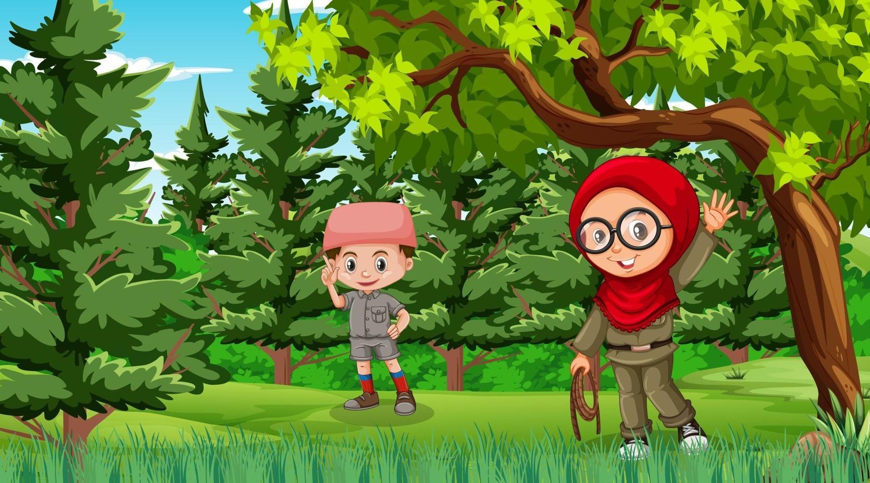 Nature scene with muslim kids exploring in the forest vector