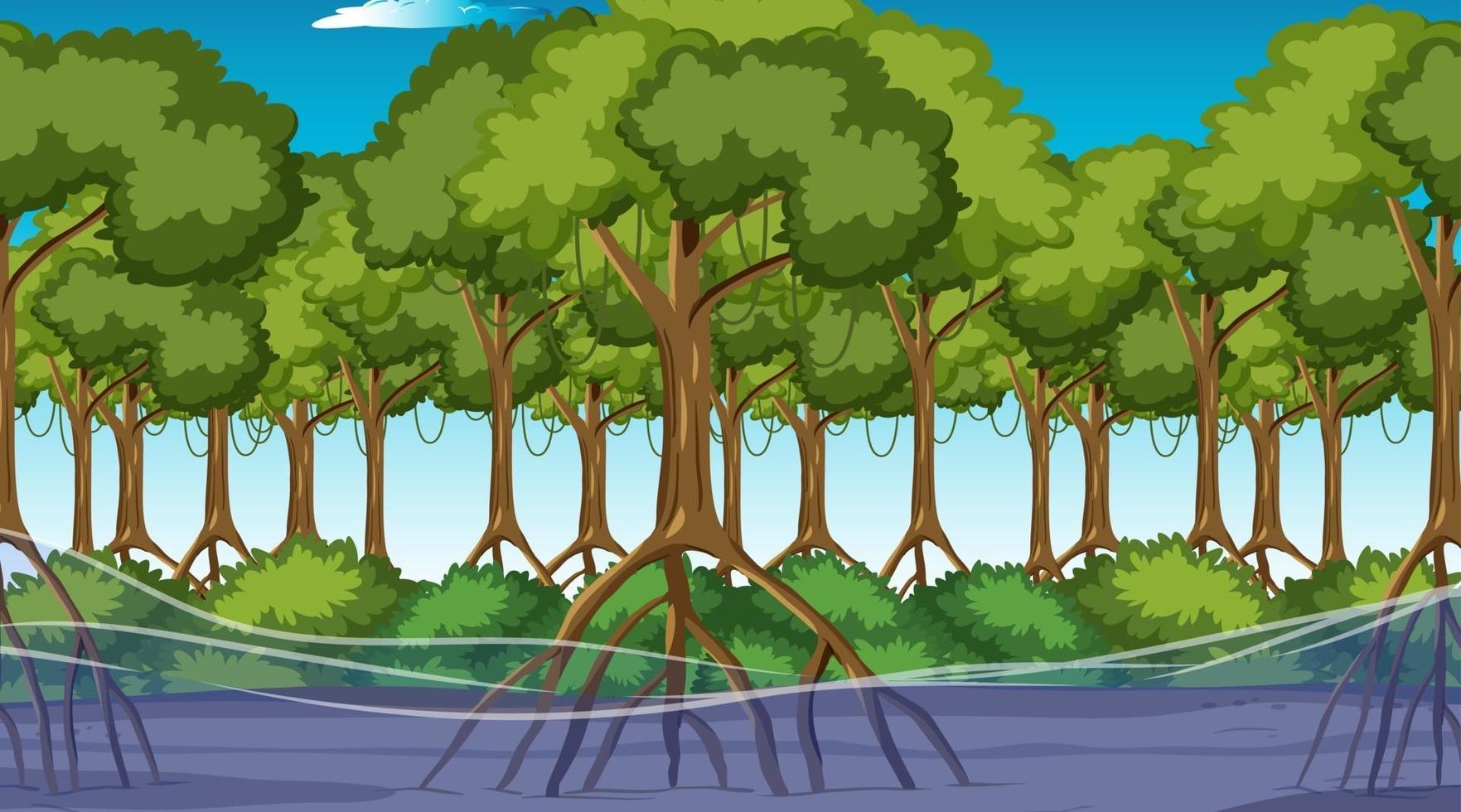 Nature scene with Mangrove forest at daytime in cartoon style vector