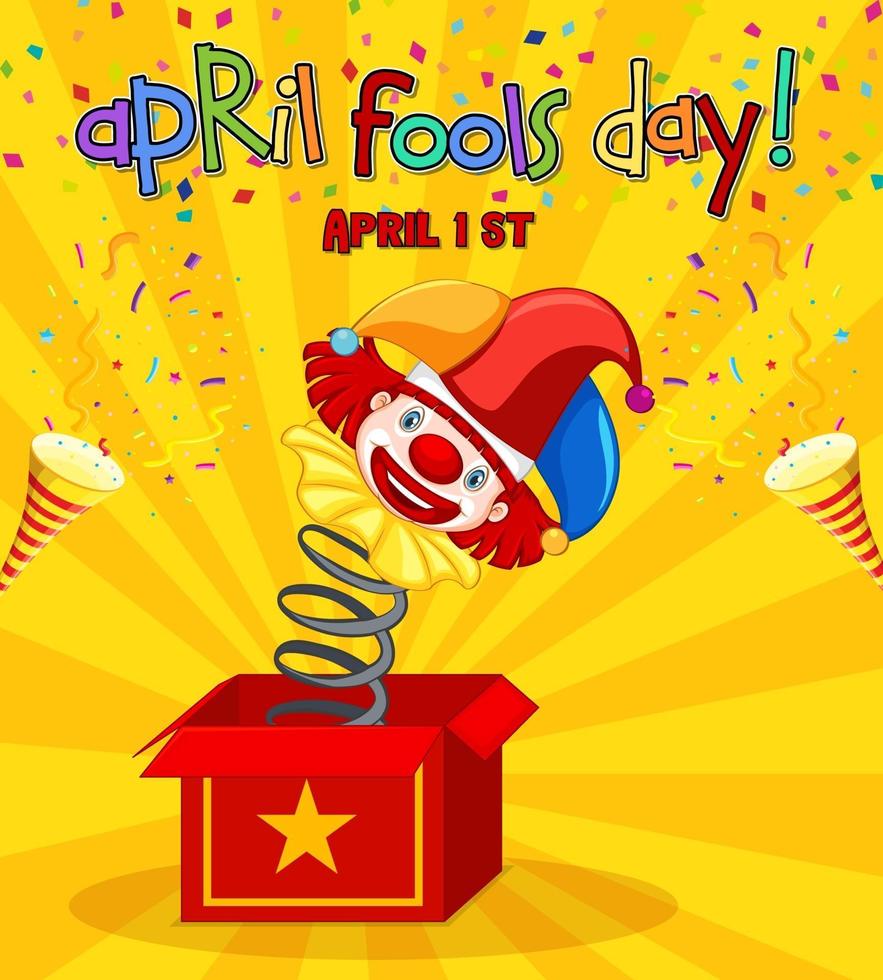 April Fool's Day font logo with Jester from surprise box on yellow background vector