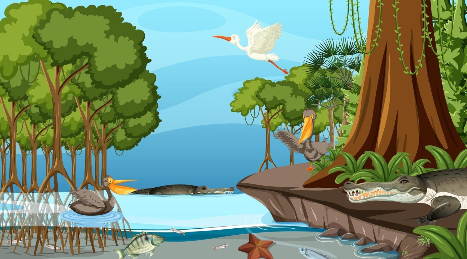 Nature scene with Mangrove forest at daytime in cartoon style vector