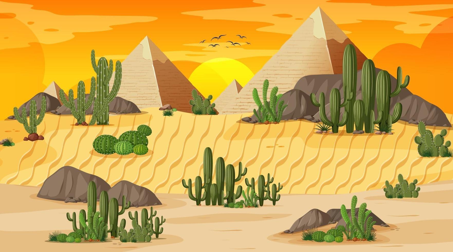 Desert forest landscape at sunset scene with Pyramid of Giza vector