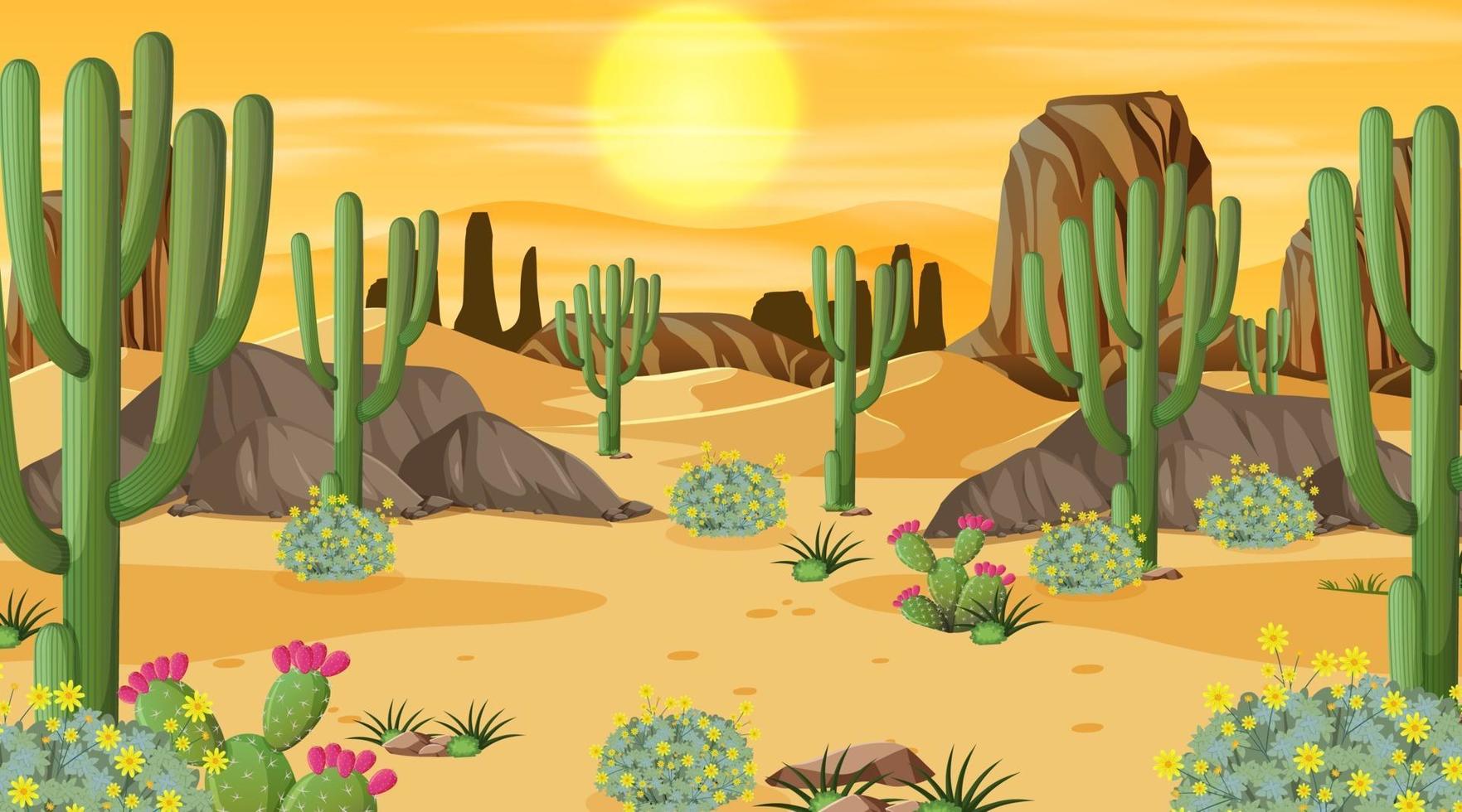 Desert forest landscape at sunset time scene with many cactuses vector