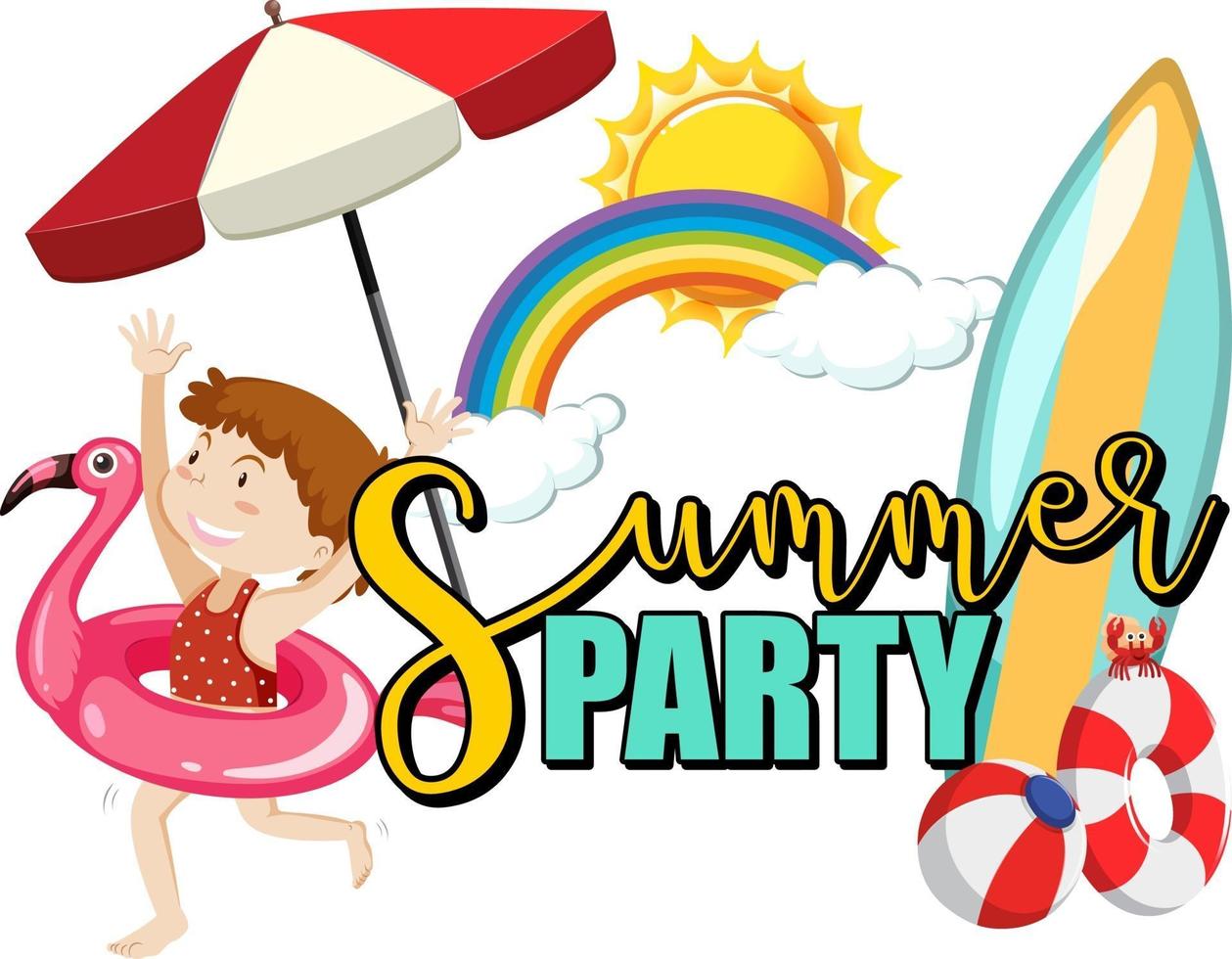 texto de fiesta de verano con un personaje de dibujos animados de niña y artículos de playa aislados vector