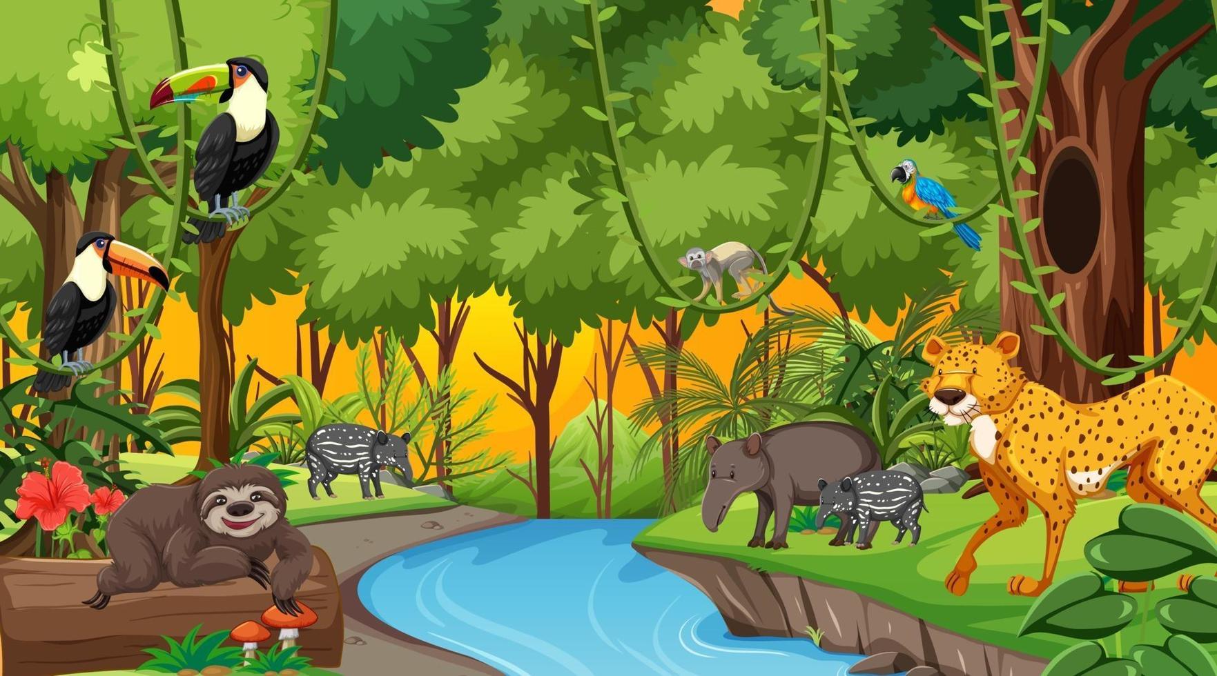 Forest at sunset time scene with different wild animals vector