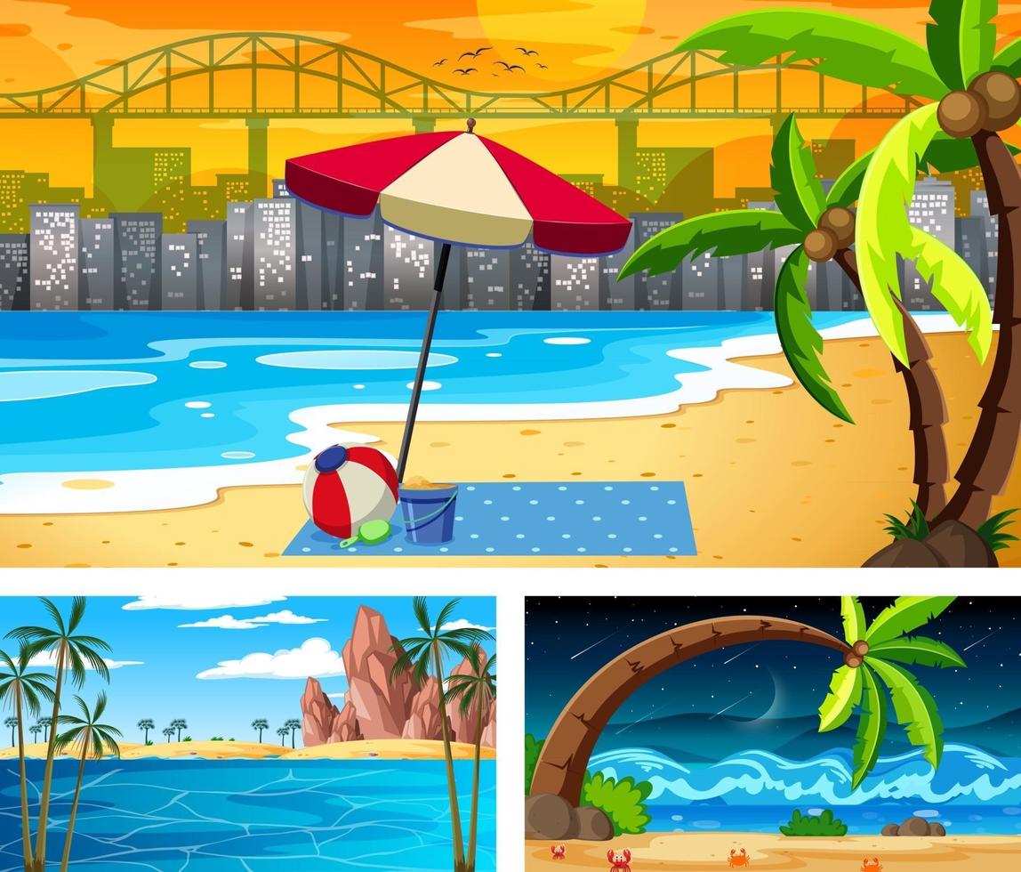 tres escenas de paisajes de playa diferentes. vector