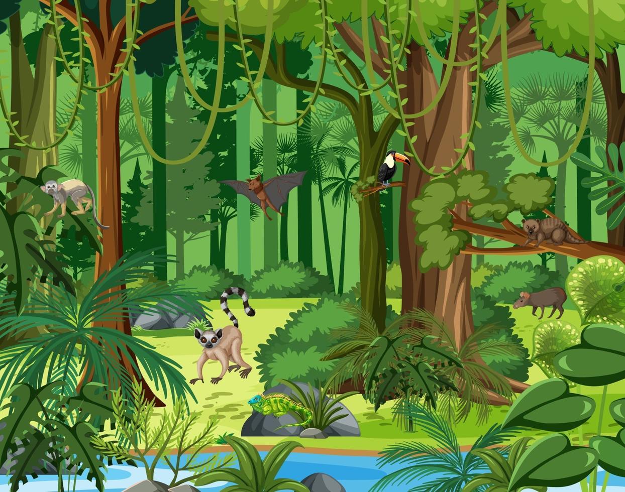 Wild animals with stream flowing through the forest scene vector