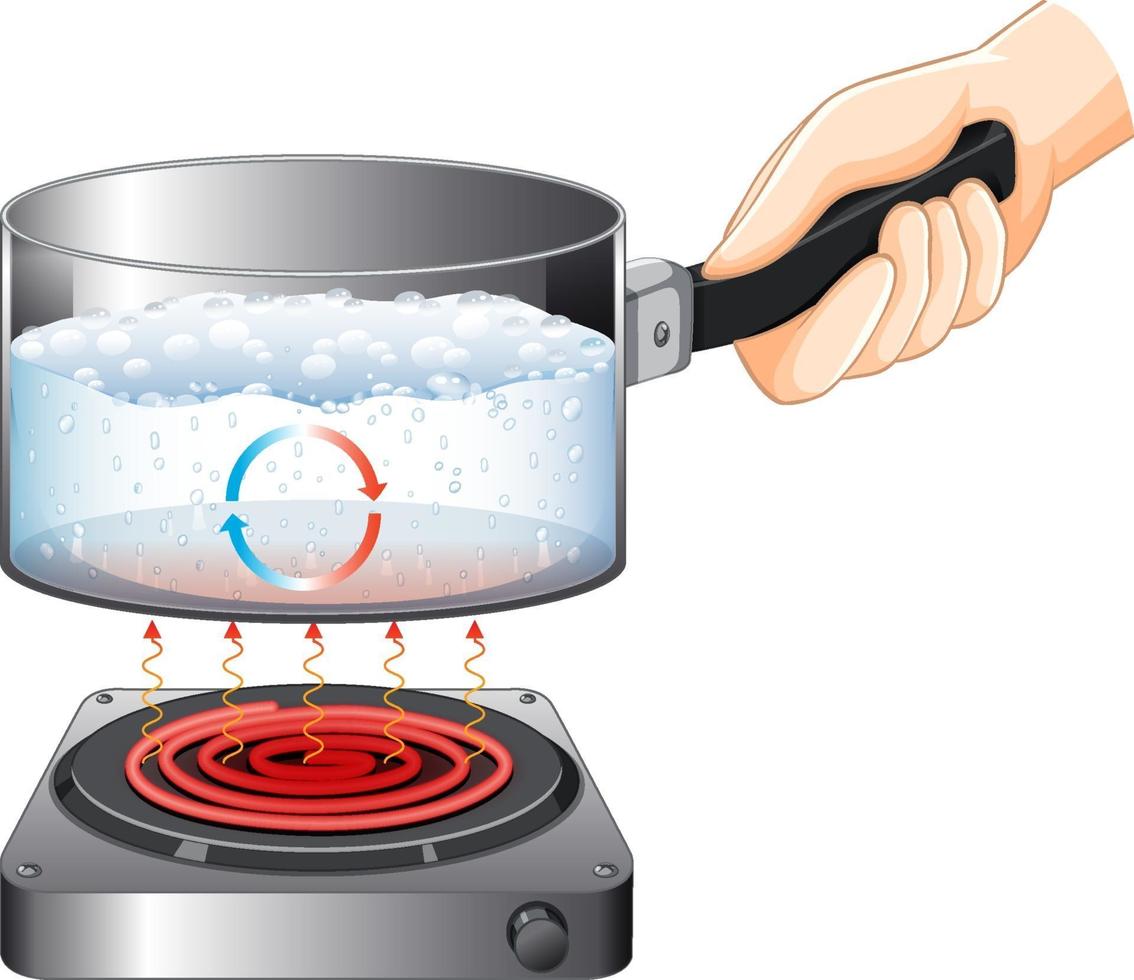 Hand holding saucepan with water boiled on stove isolated vector